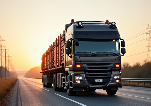 Heavy duty flatbed truck carrying construction steel
